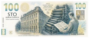 Pamětní bankovka 100 Kč 100. výročí zahájení provozu Tiskárny bankovek Národní banky Československé v Praze 2028
