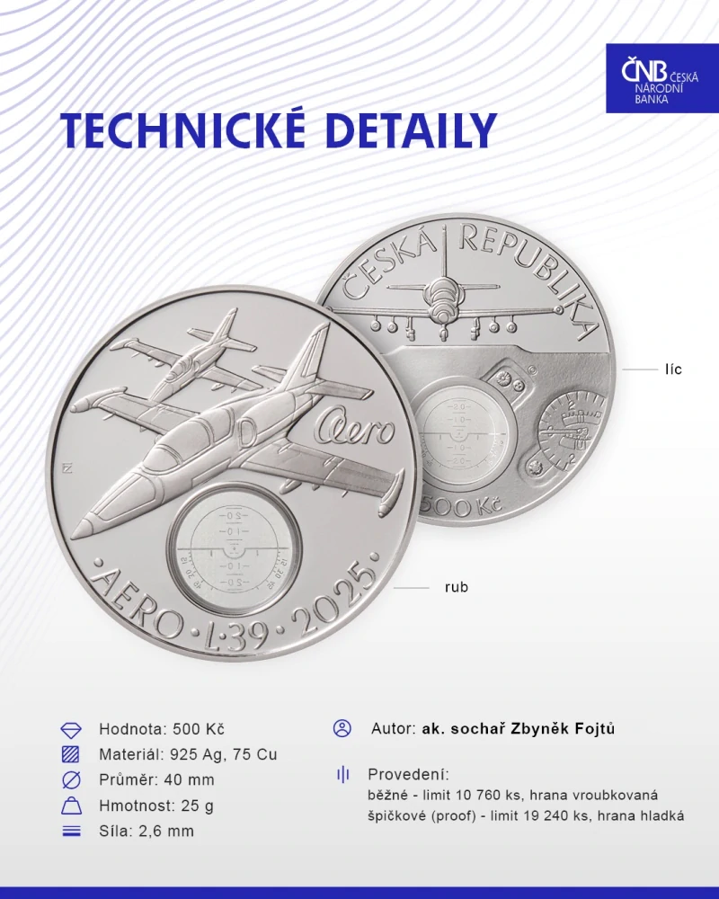 AKCE Stříbrná mince 500 Kč Cvičný letoun Aero L-39 Albatros PROOF 2024 s etui zdarma